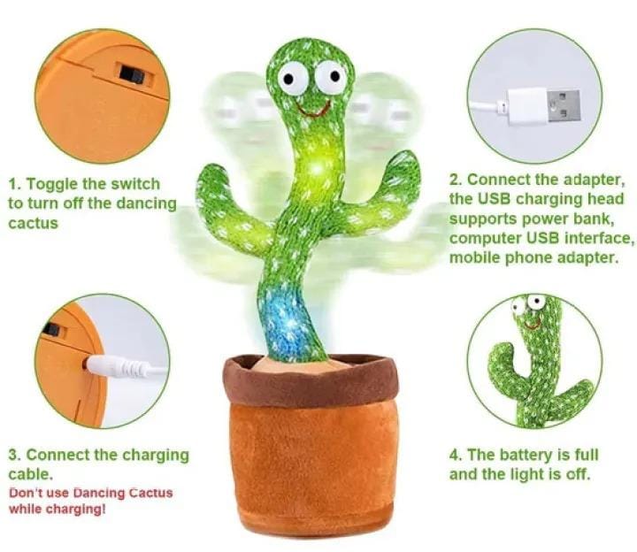 Dancing Cactus Toy – Singing, Talking, Voice Recording Plush with USB Rechargeable Function – Fun Educational Gift for Babies and Kids (Ages 6 Months & Up) - Rechargeable - With Cap