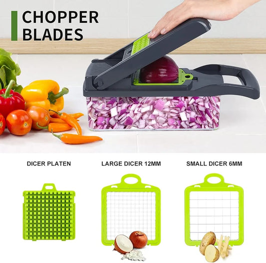 14-in-1 Multifunction Vegetable Chopper & Mandoline Slicer with 8 Interchangeable Stainless Steel Blades