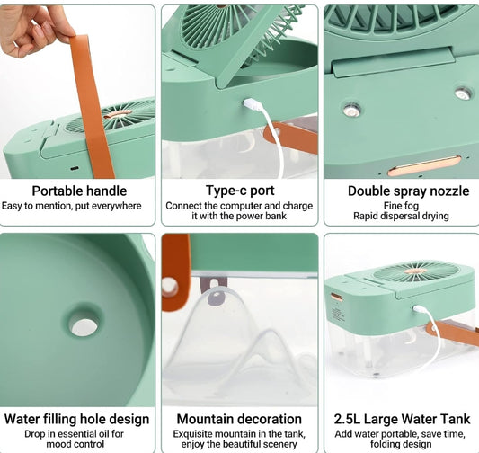 Mini Fan with Cool Mist, Portable Air Cooler, USB Table Fan, Desk Fan with 3 Wind Modes and Brightness Adjustment, Table Fan for Home, Office