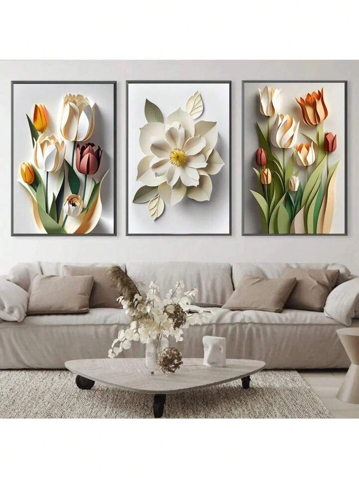 Modern 3D Effect Floral Wall Art Frames Set of 3