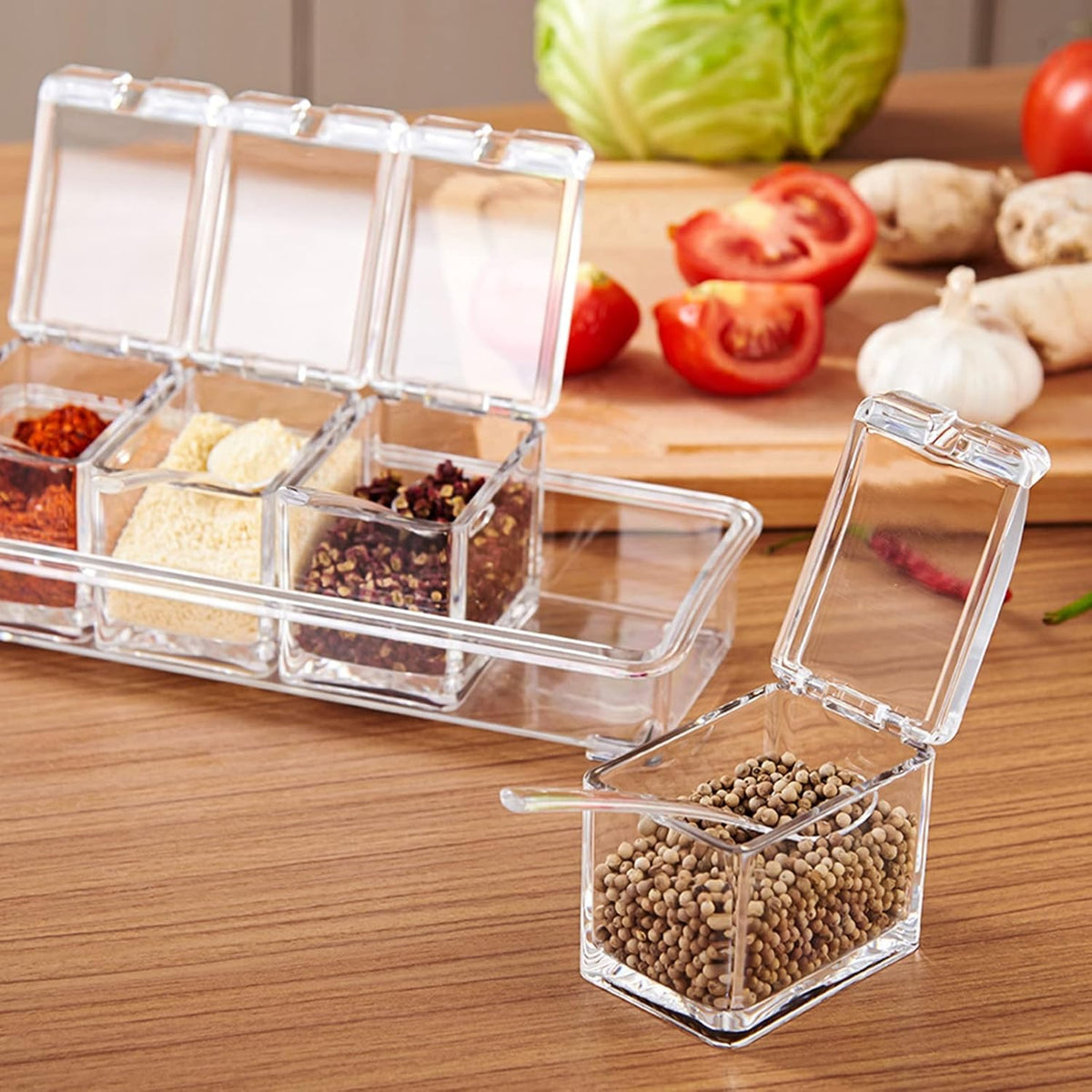 Crystal Seasoning Box With 4 Compartments And Spoons – Transparent Spice Storage Container Set For Kitchen Organization