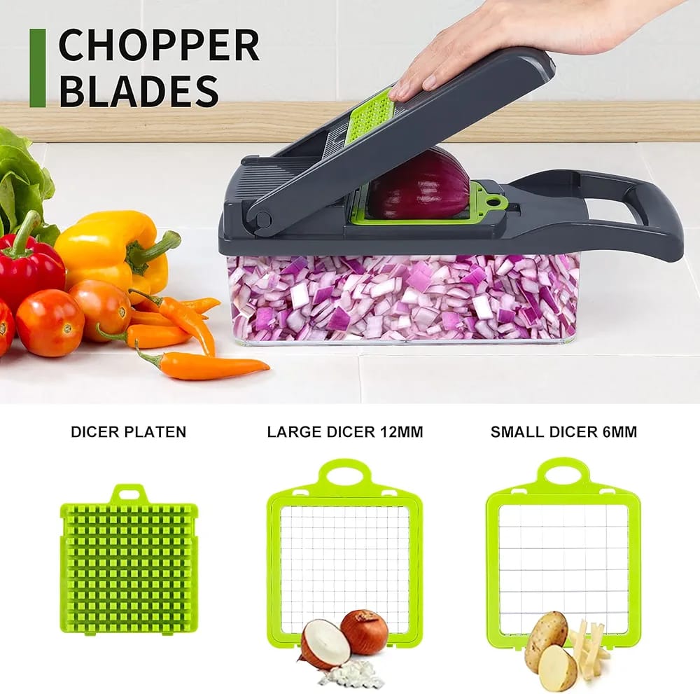 14-in-1 Multifunction Vegetable Chopper & Mandoline Slicer with 8 Interchangeable Stainless Steel Blades