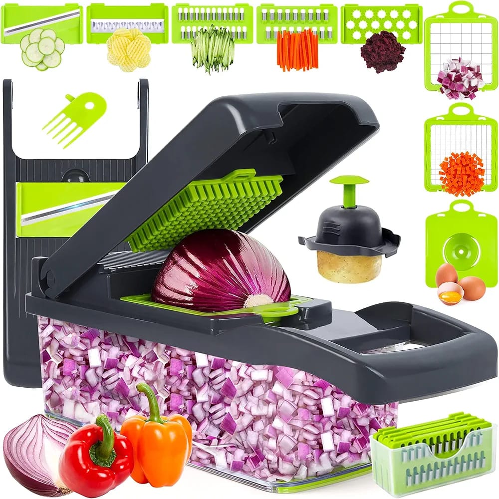 14-in-1 Multifunction Vegetable Chopper & Mandoline Slicer with 8 Interchangeable Stainless Steel Blades