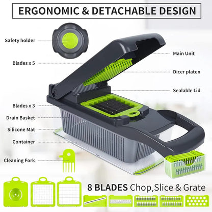 14-in-1 Multifunction Vegetable Chopper & Mandoline Slicer with 8 Interchangeable Stainless Steel Blades
