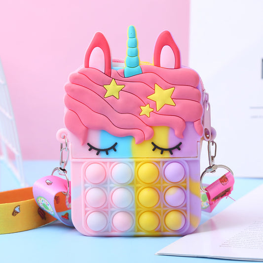 Small Sleepy Unicorn Star Pop Fidget Bag With Long Ribbon Strap Silicone Multi Purpose Storage Accessory (Random Color)